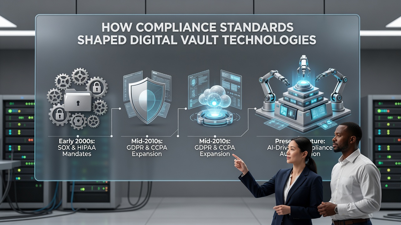 Secure data center racks with compliance certification badges and monitoring screens